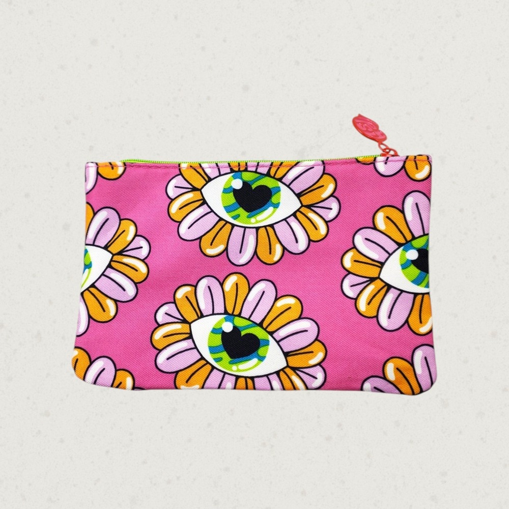 IPSY Pink Psychedelic Eye Daisy Floral Makeup Bag Heart Zipper Pouch P0103 - Picture 2 of 4